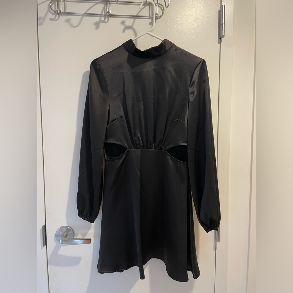 NWT Size 6 Miss Selfridge Black Satin Cutout Dress with Long Cuffed Sleeves